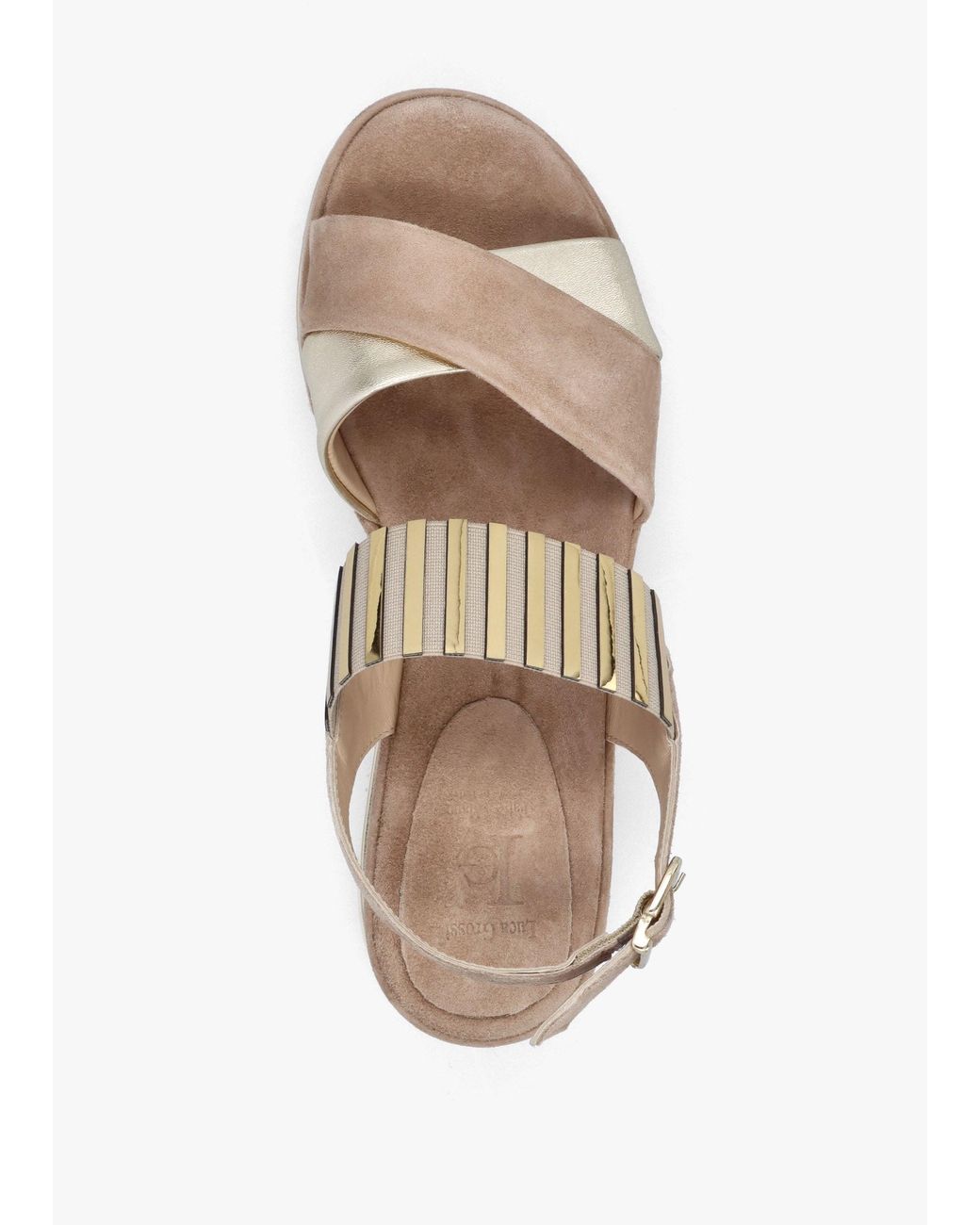 Luca Grossi Natural Suede Metallic Strap Low Wedge Sandals