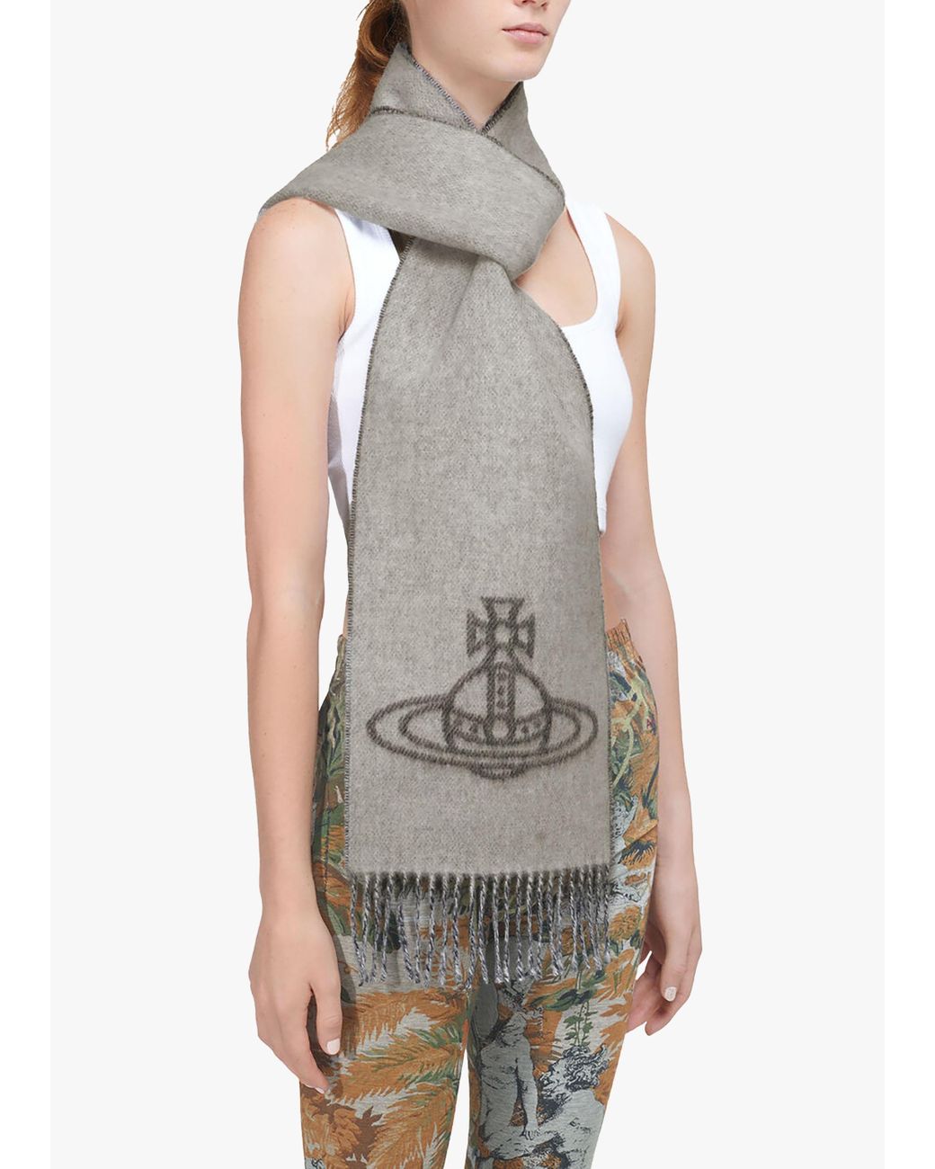 【Vivienne Westwood】 (W) Double Logo Scarf Off White Brown Vivienne Westwood Double Logo Off Wool Scarf in Gray for Men