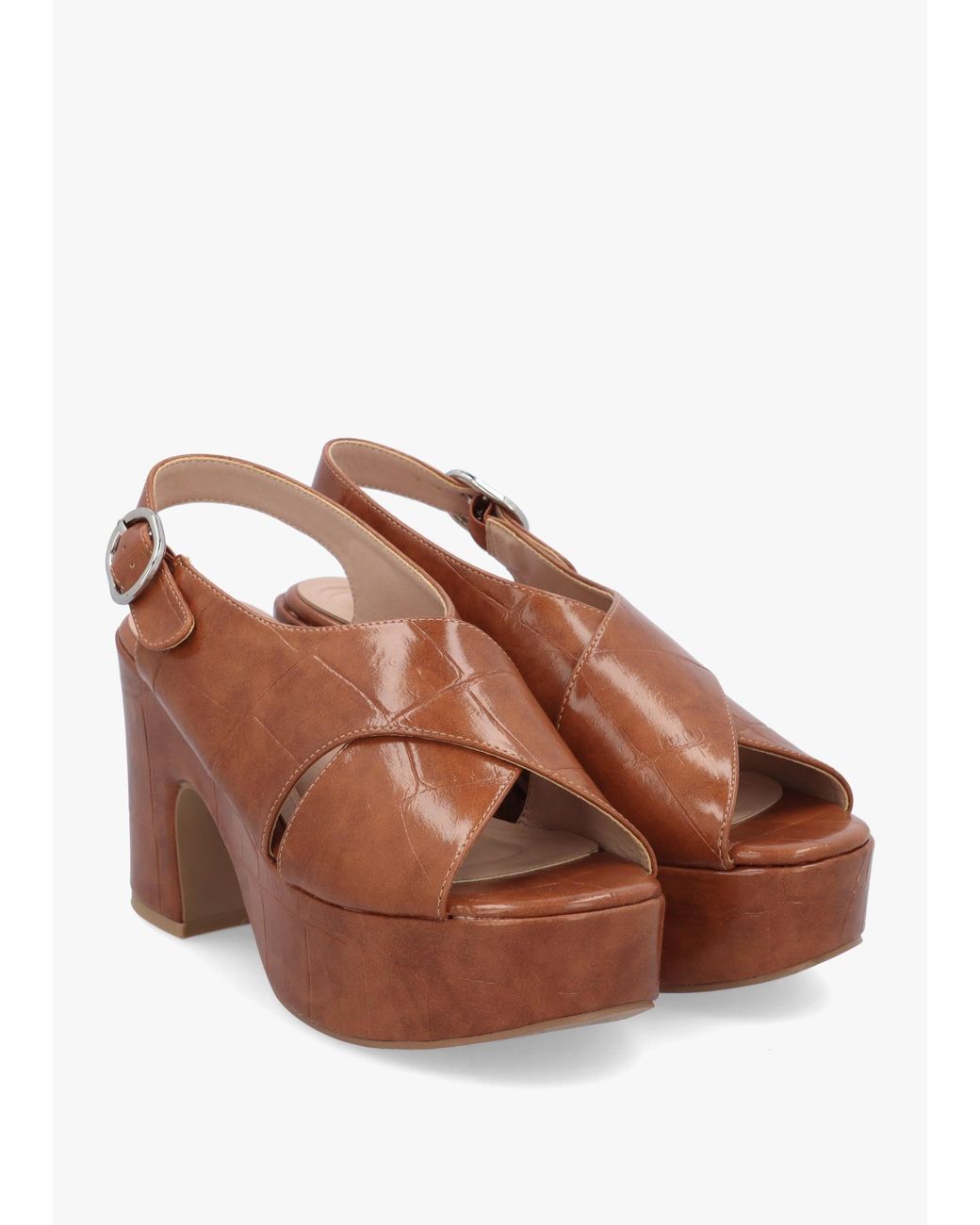 Moda In Pelle Brown Nakara Tan Moc Croc Chunky Platform Heel Sandals