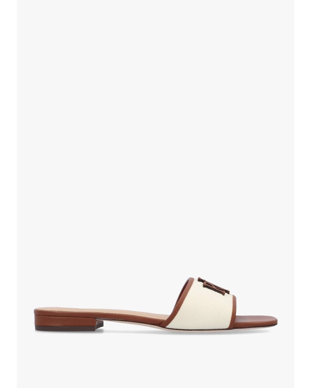 Ralph Lauren White Everley Natural Tan Lauren Leather Trim Canvas Slide Sandals