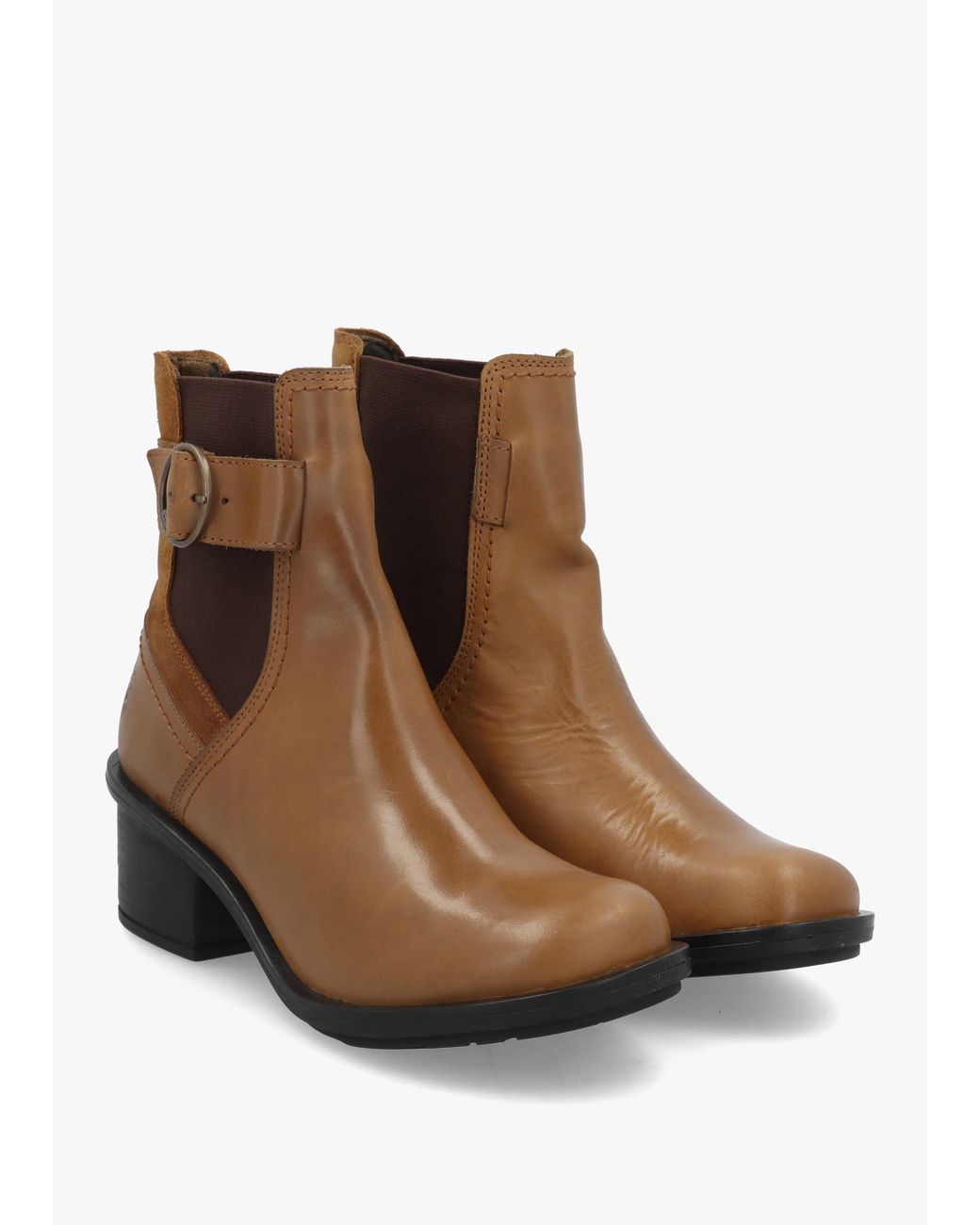 Fly London Brown Cach Camel Leather Block Heel Ankle Boots