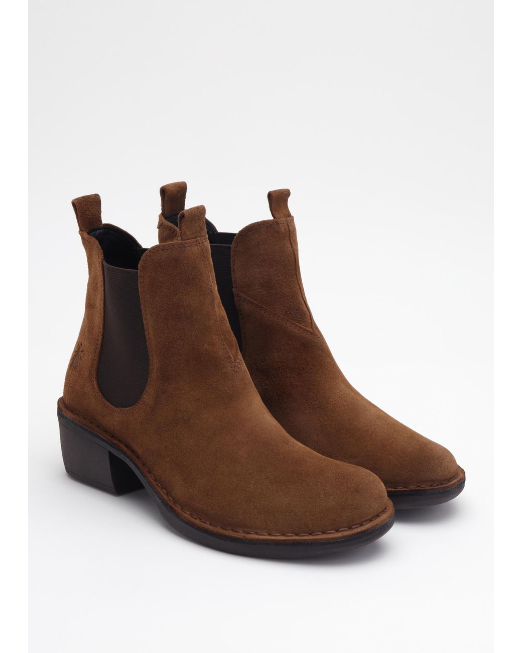 Fly London Brown Meme Tobacco Suede Block Heel Chelsea Boots