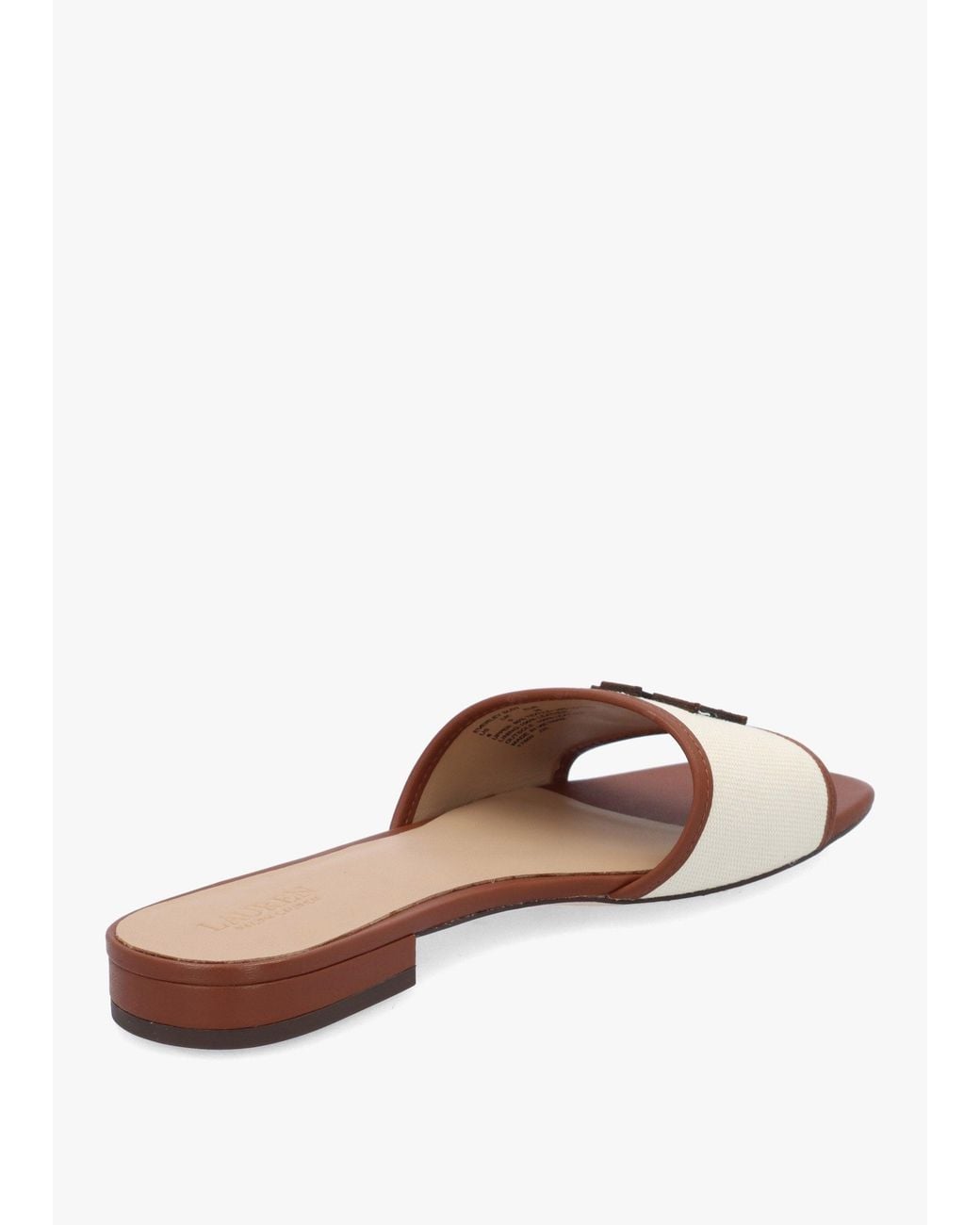 Ralph Lauren White Everley Natural Tan Lauren Leather Trim Canvas Slide Sandals