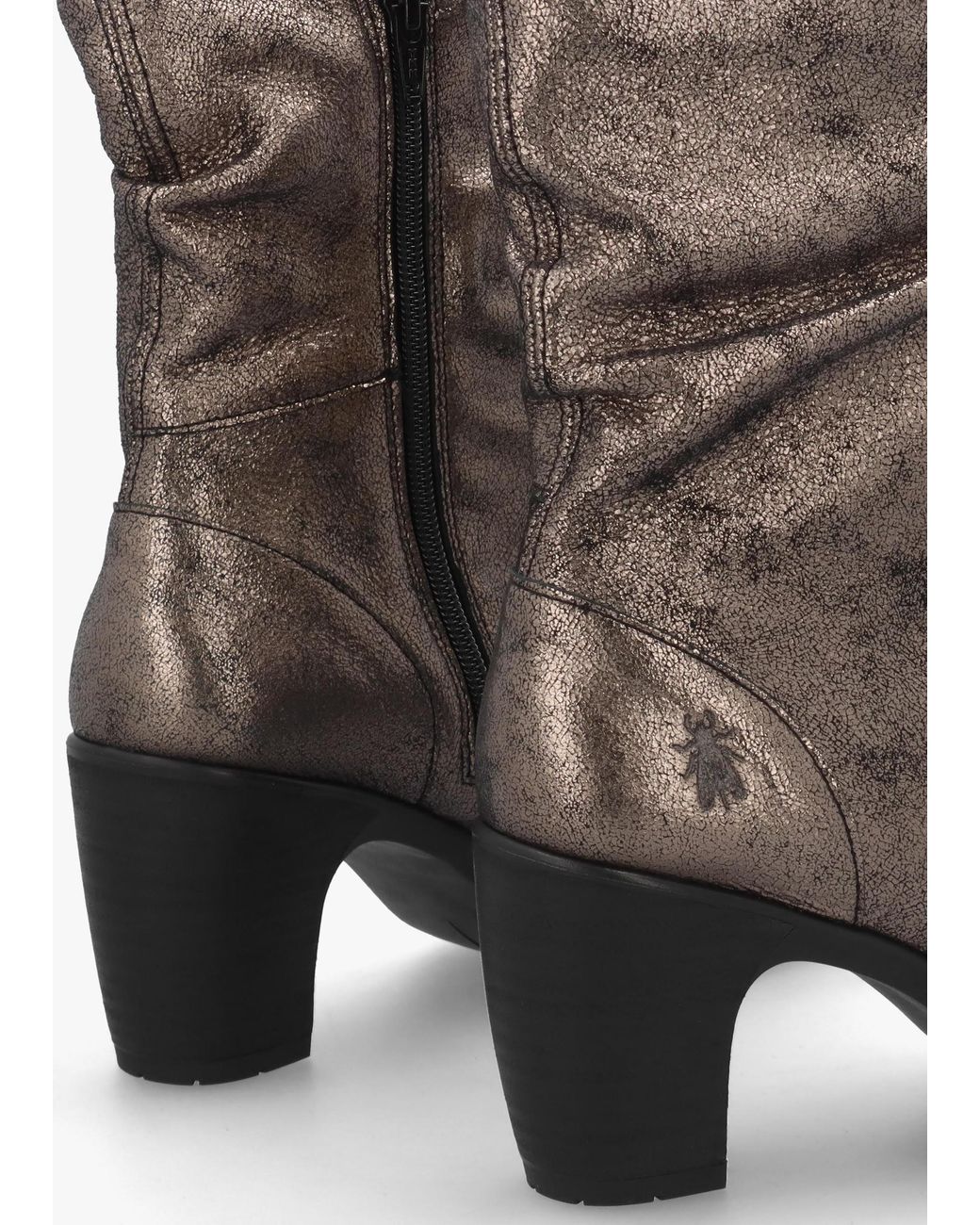Fly London Brown Klei Cool Graphite Leather Rouched Block Heel Ankle Boots
