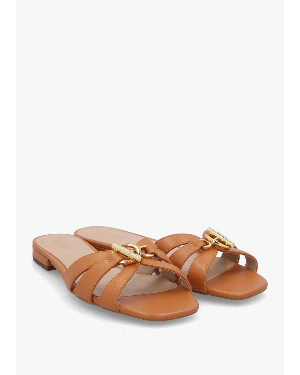 Ralph Lauren White Blaike Caramel Leather Slide Sandals