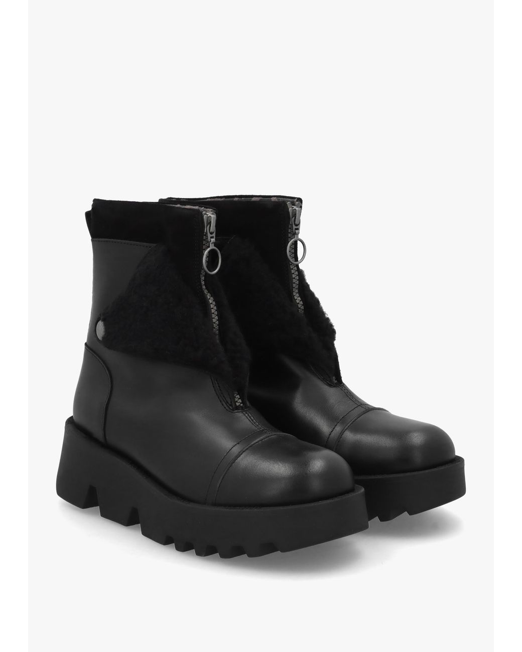 Fly London Black Zufe Leather Chunky Ankle Boots