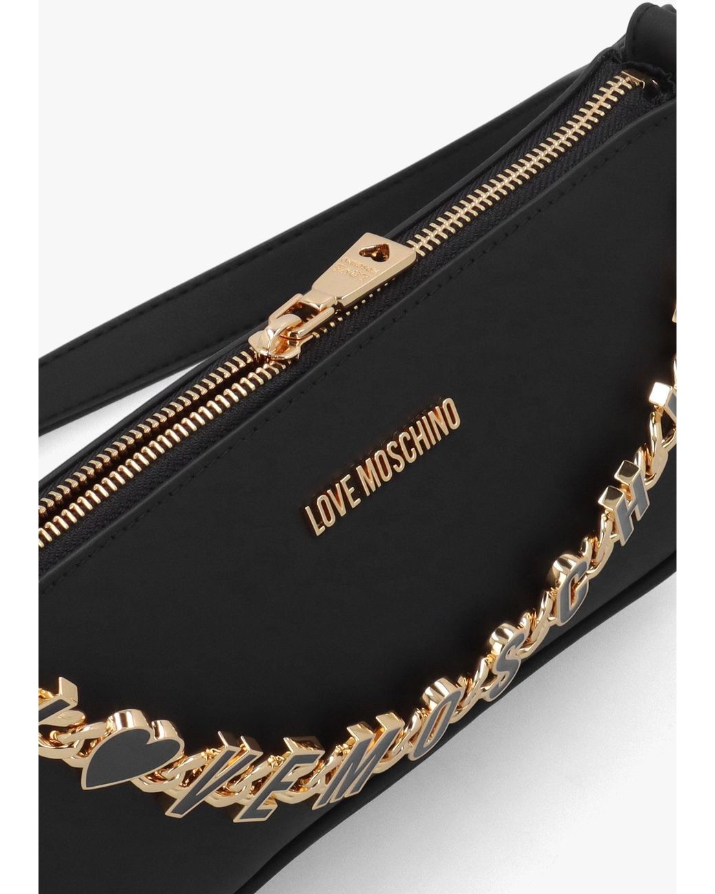 Love Moschino Black Dangling Logo Chain Nero Leather Shoulder Bag