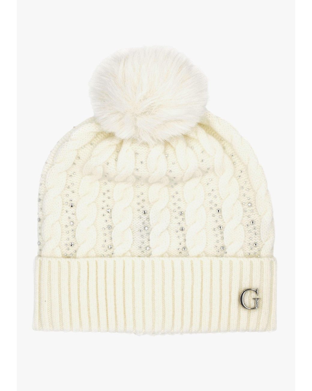 Guess Natural Cream Knitted G Logo Diamante Pom Pom Beanie Hat
