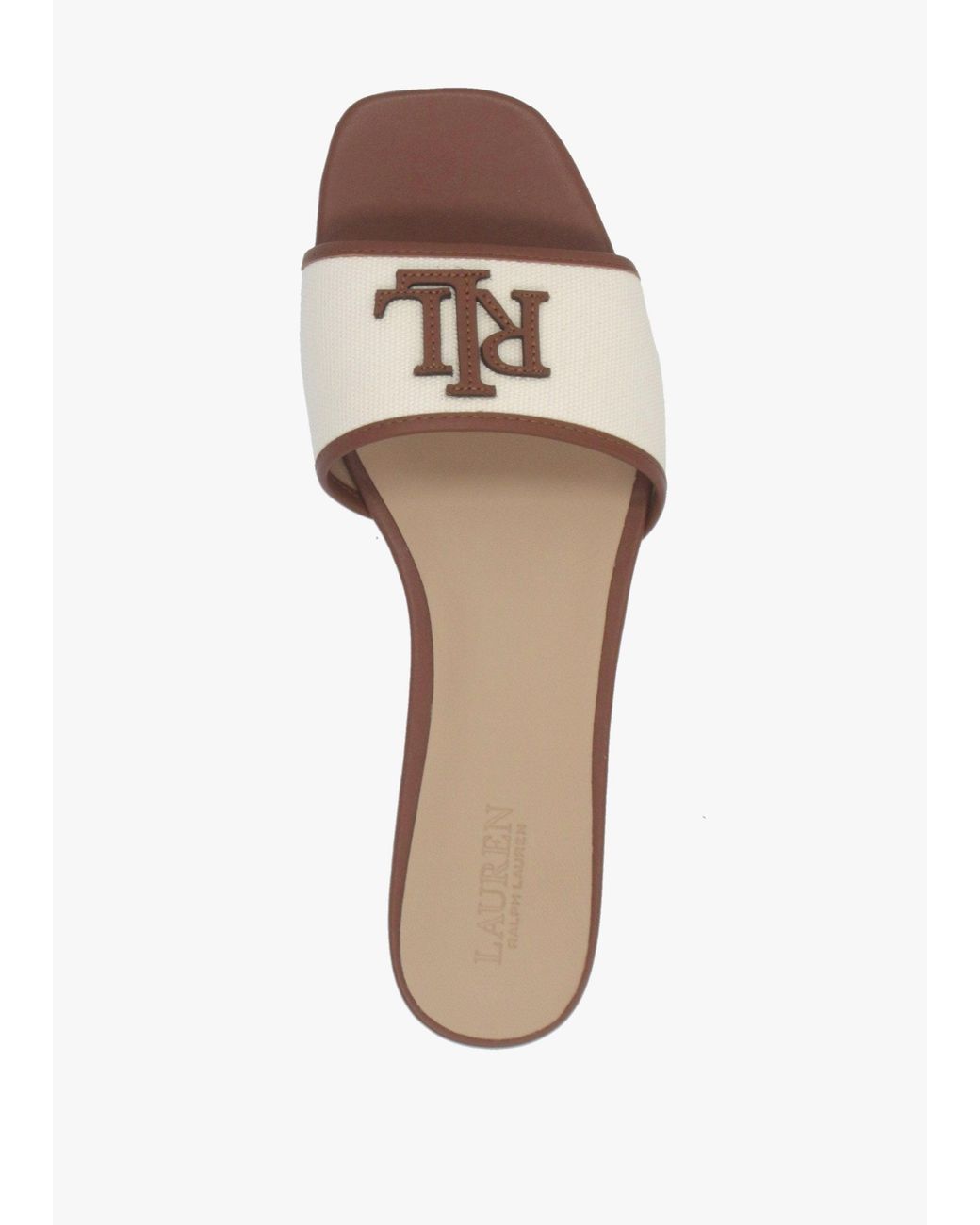 Ralph Lauren White Everley Natural Tan Lauren Leather Trim Canvas Slide Sandals