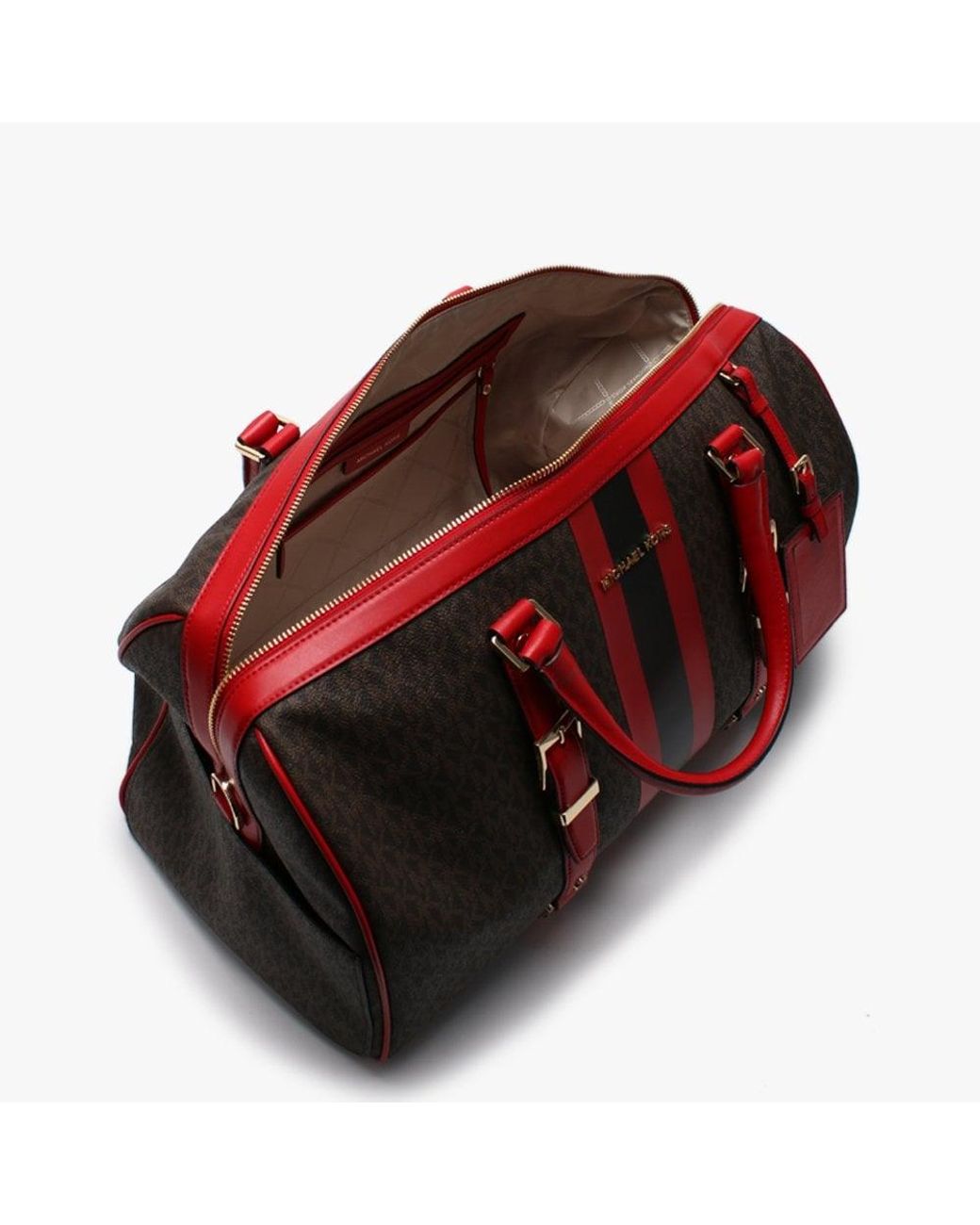 Michael Kors Large Bedford Travel Brown Bright Red Logo Stripe