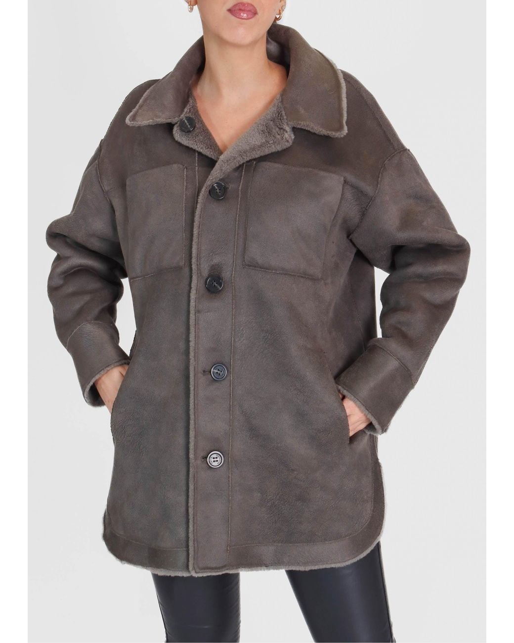 Oakwood Gray Flag Reversible Teddy Shacket