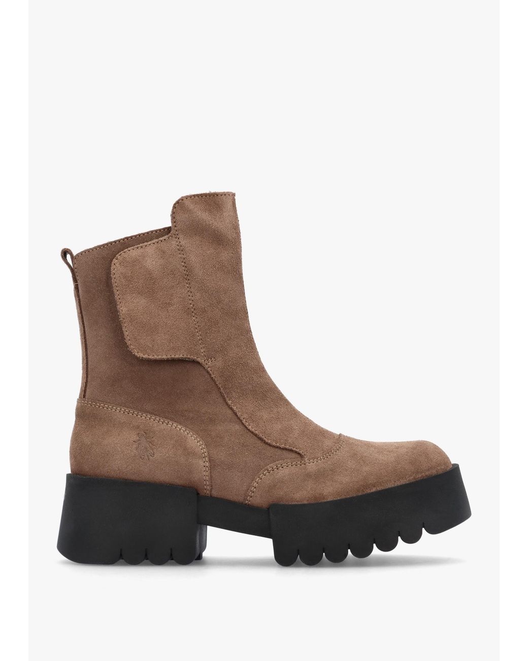 Fly London Brown Egli Taupe Suede Block Heel Chunky Ankle Boots