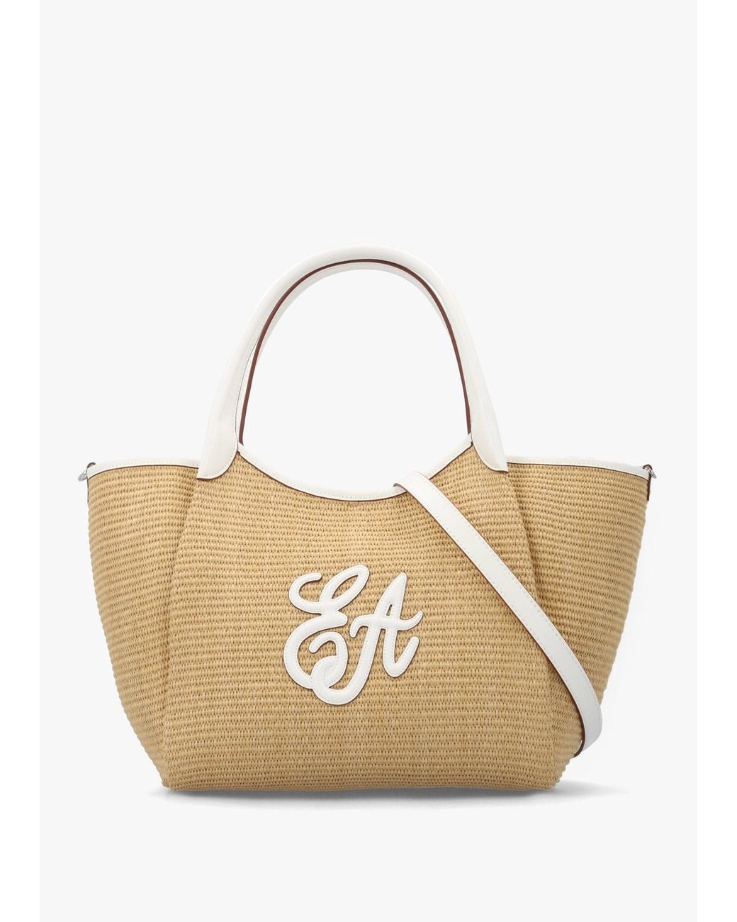 Emporio Armani White Woven Straw Medium Natural Shopper Bag