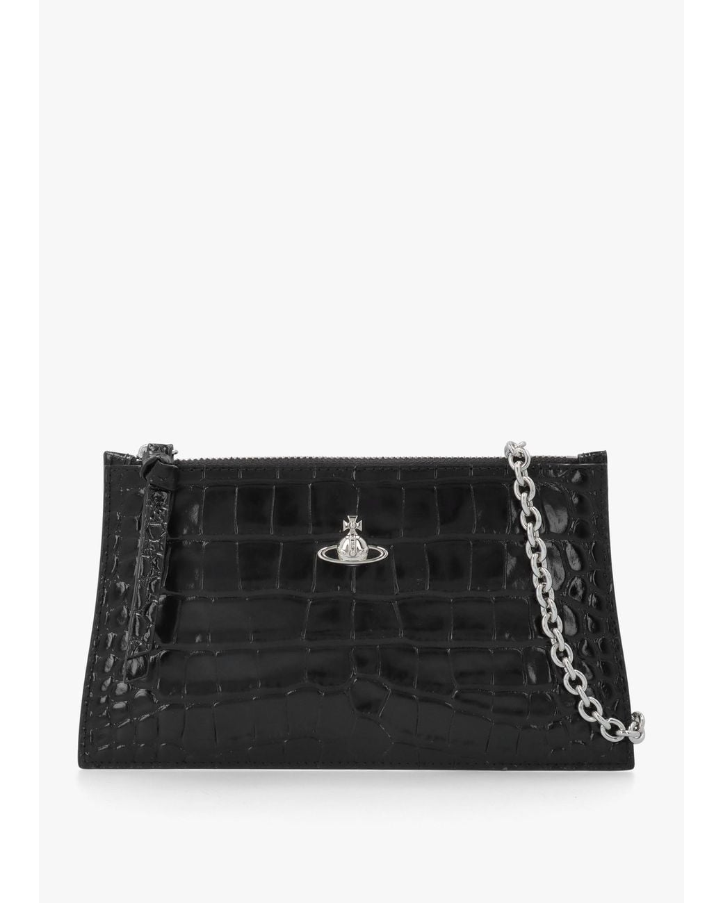Vivienne Westwood Black Small Flat Croc Embossed Leather Clutch Bag