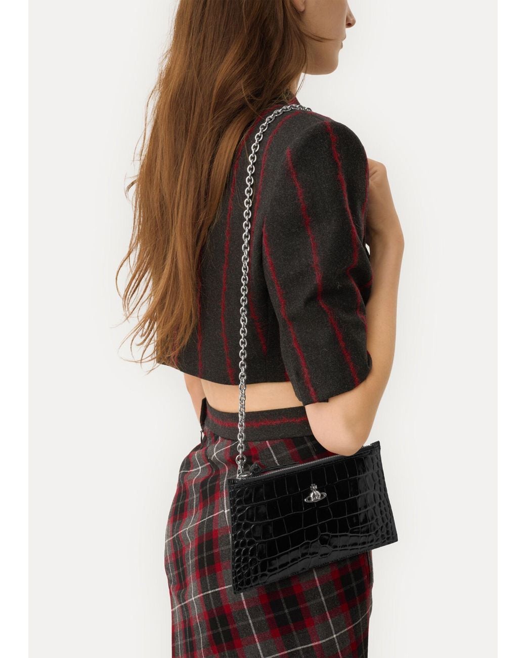 Vivienne Westwood Black Small Flat Croc Embossed Leather Clutch Bag