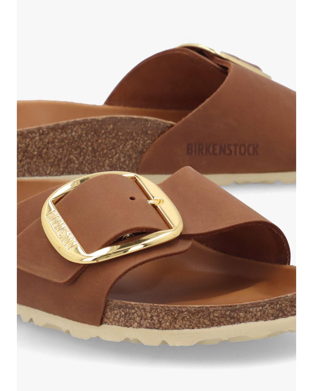 Birkenstock White Madrid Big Buckle Cognac Waxy Leather Mules