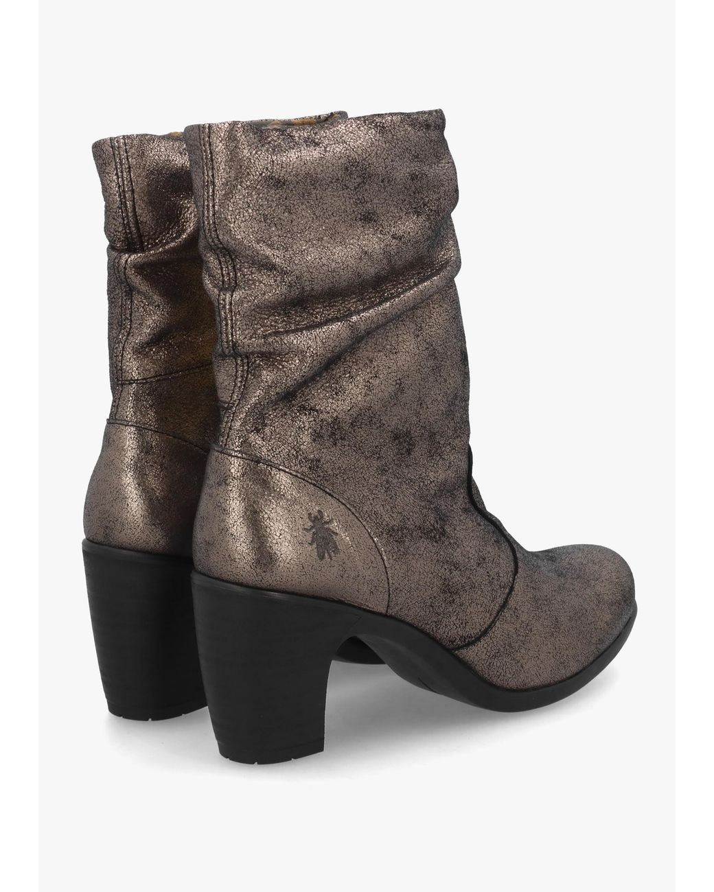 Fly London Brown Klei Cool Graphite Leather Rouched Block Heel Ankle Boots