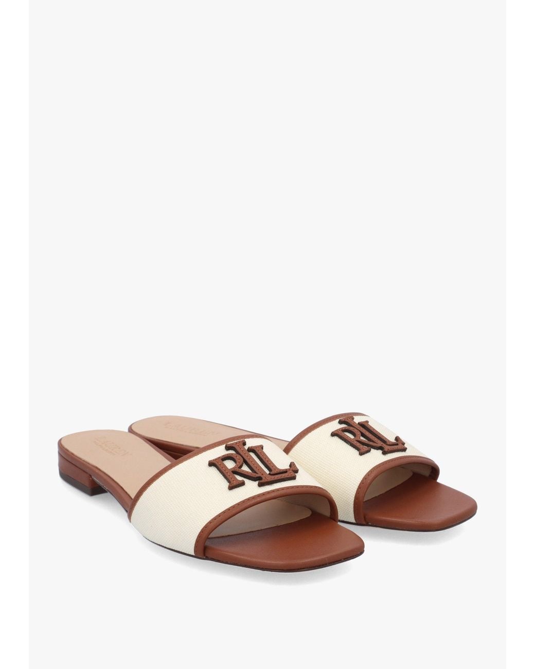 Ralph Lauren White Everley Natural Tan Lauren Leather Trim Canvas Slide Sandals