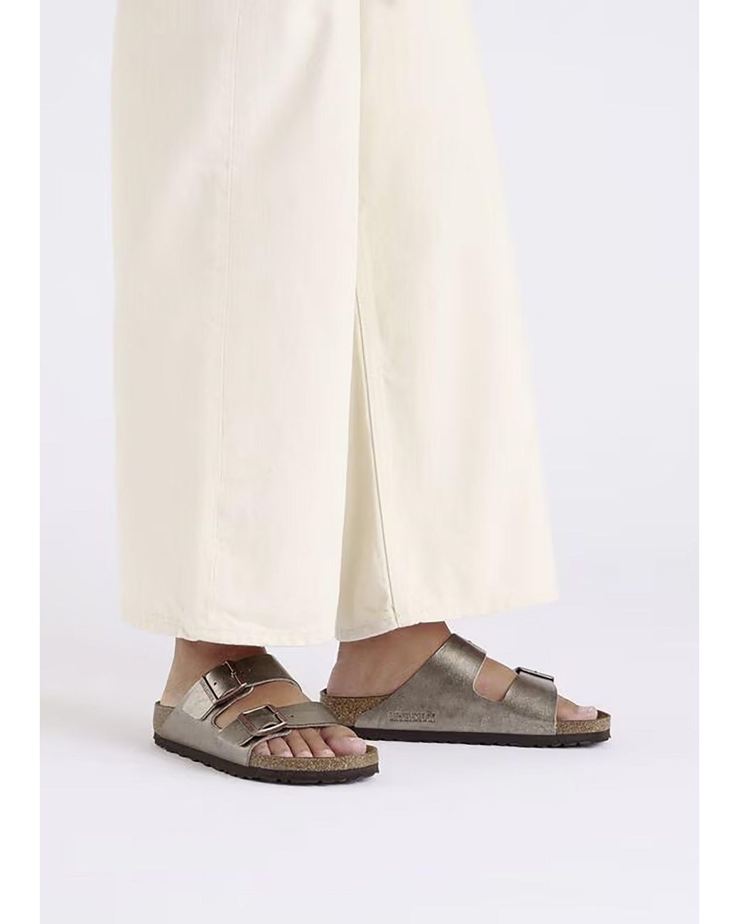 Birkenstock White Arizona Birko-Flor Graceful Taupe Two Bar Mules
