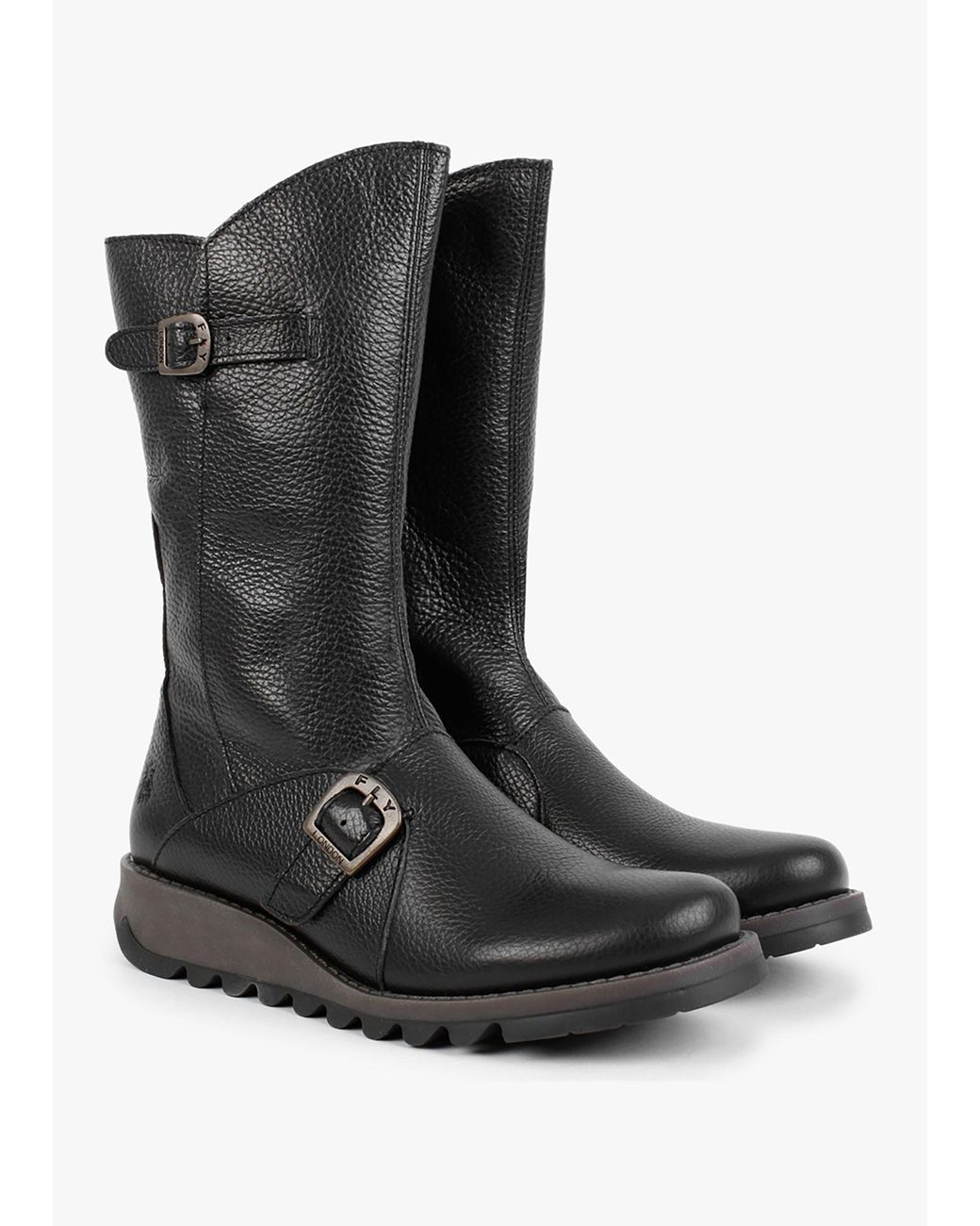 Fly London Black Mes Pebbled Leather Low Wedge Calf Boots