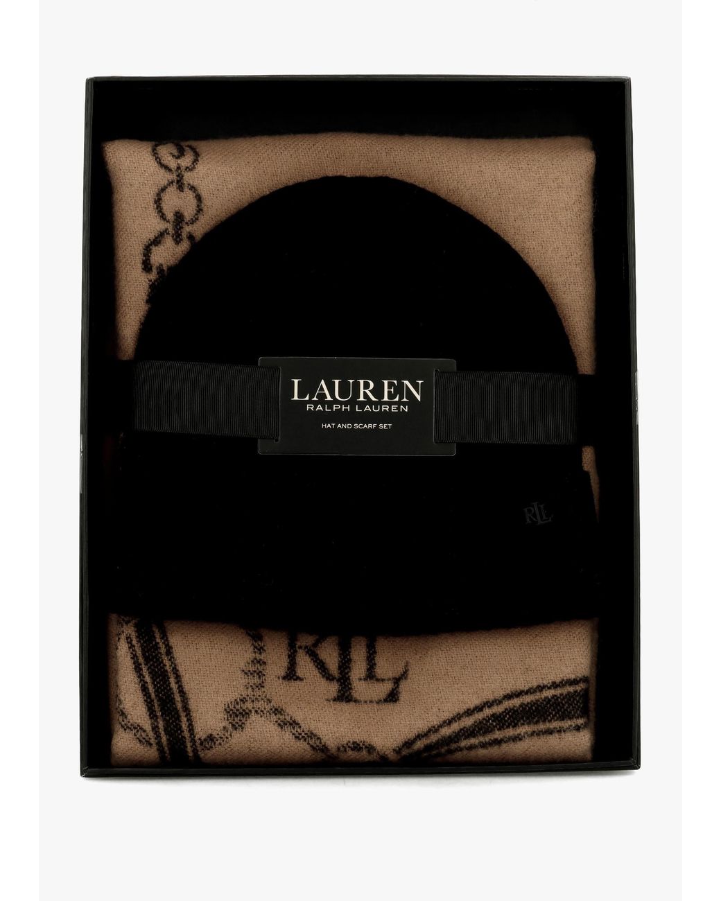 Ralph Lauren Black Belting-Motif & Camel Scarf & Beanie Gift Set