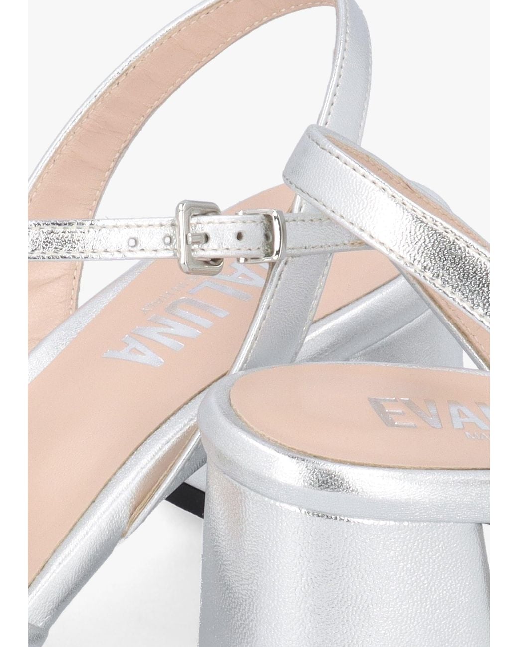 Evaluna White Metallic Leather Pillow Strap Mid-Block Heel Sandals