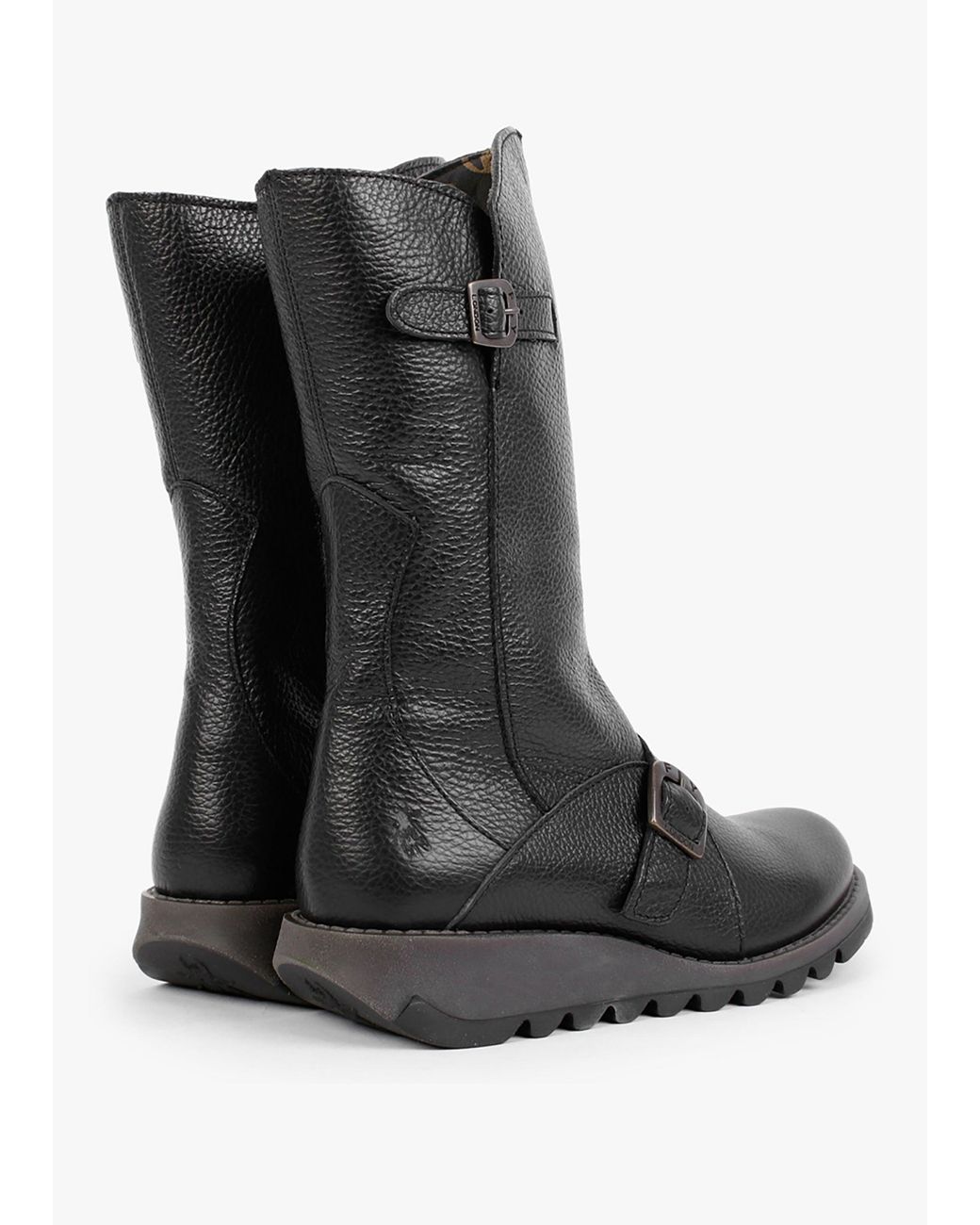 Fly London Black Mes Pebbled Leather Low Wedge Calf Boots