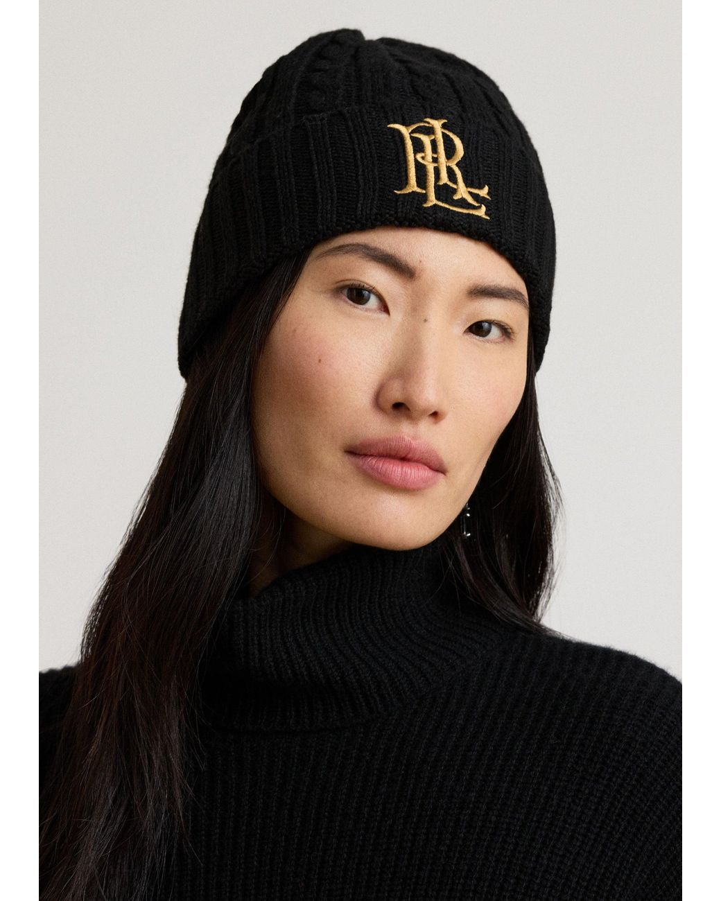 Ralph Lauren Black Embroidered Logo Cable Knit Beanie Hat