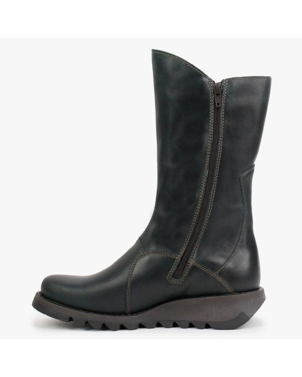 Petrol Leather Low Wedge Calf Boots 