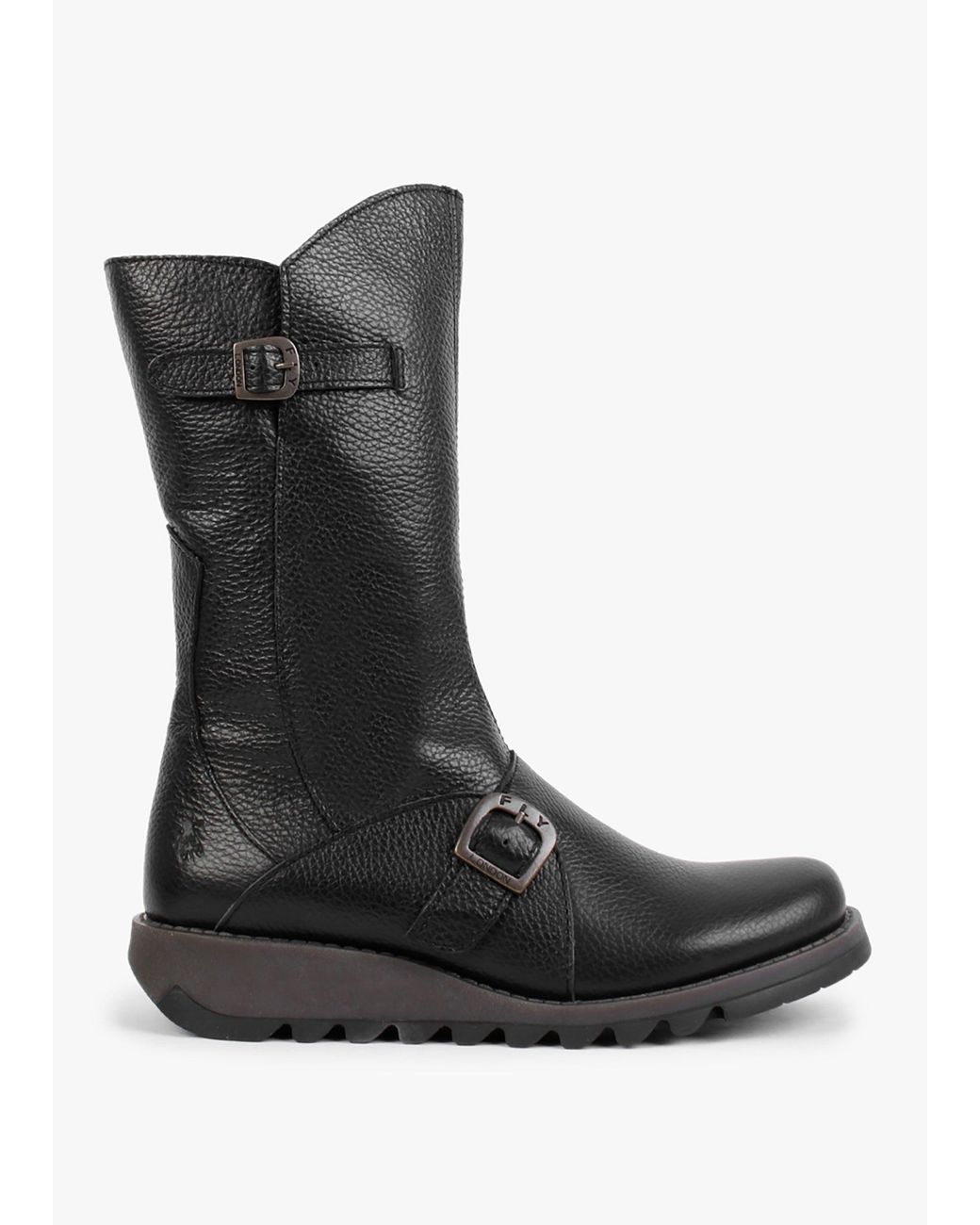 Fly London Black Mes Pebbled Leather Low Wedge Calf Boots