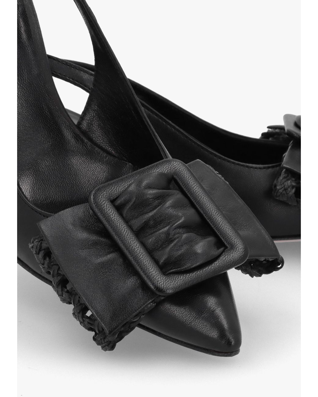 Daniel Galina Black Leather Raffia Bow Heeled Sling Backs