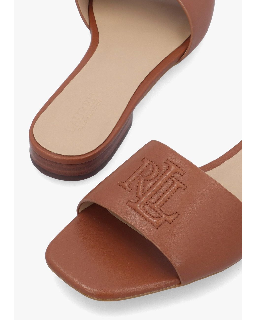Ralph Lauren White Everley Lauren Tan Nappa Leather Slide Sandals