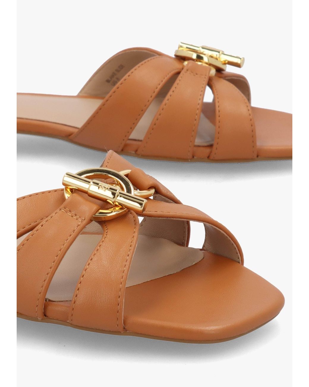 Ralph Lauren White Blaike Caramel Leather Slide Sandals