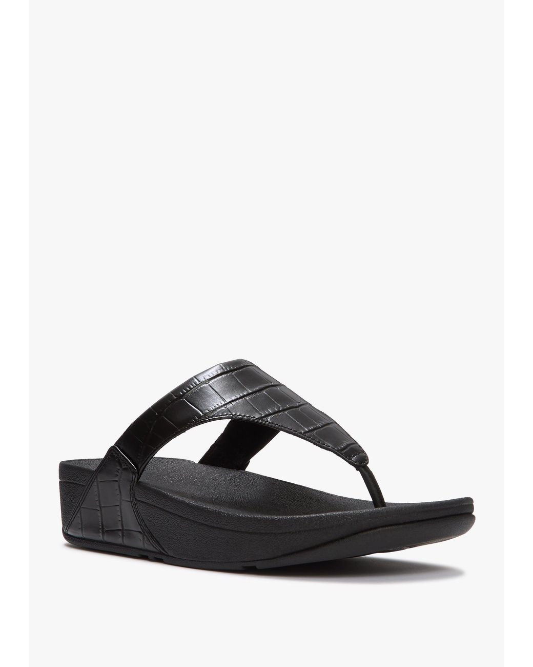 Fitflop Black Lulu All Leather Moc Croc Toe Post Sandals