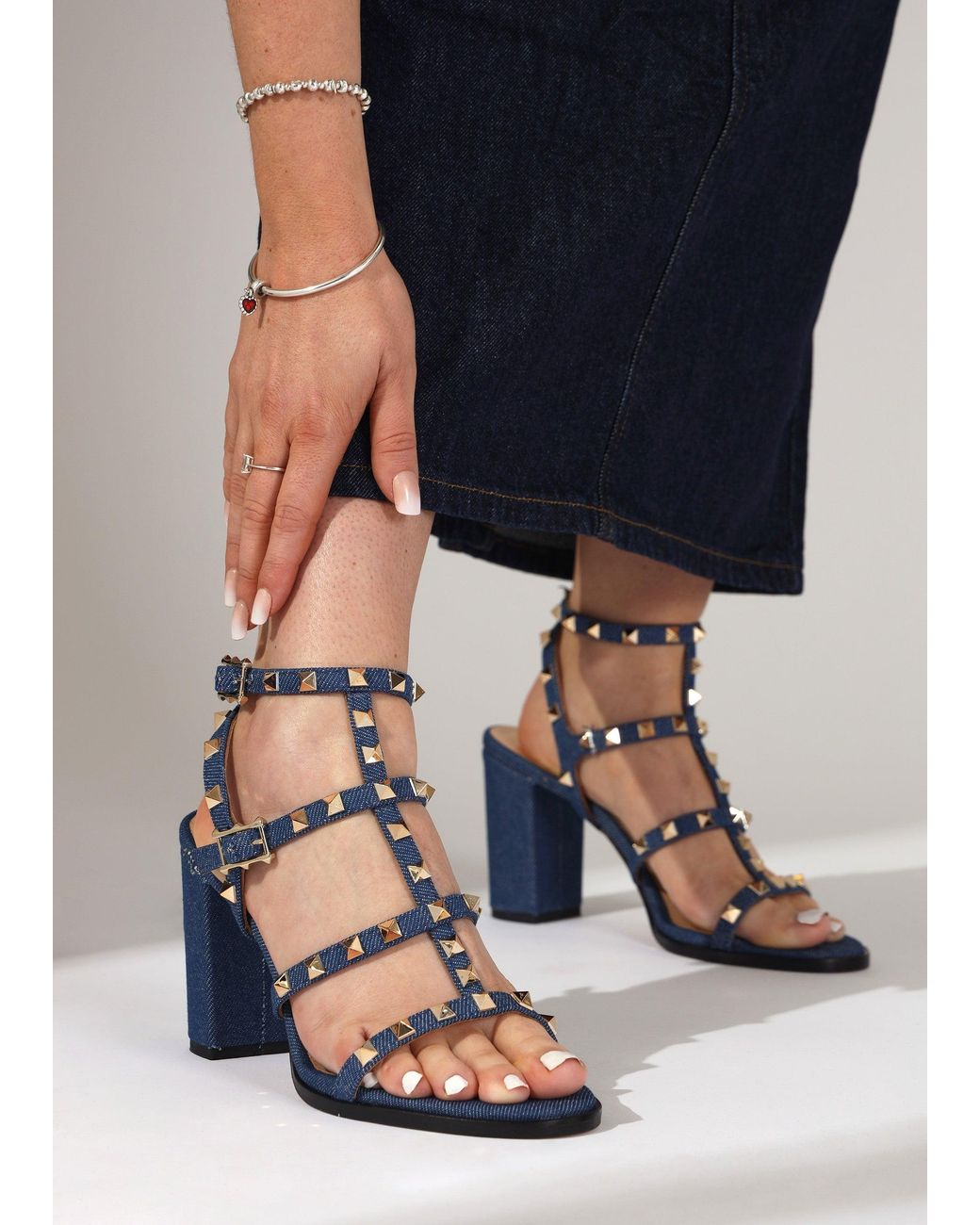 Daniel Blue Pitter Denim Studded Block Heeled Sandals