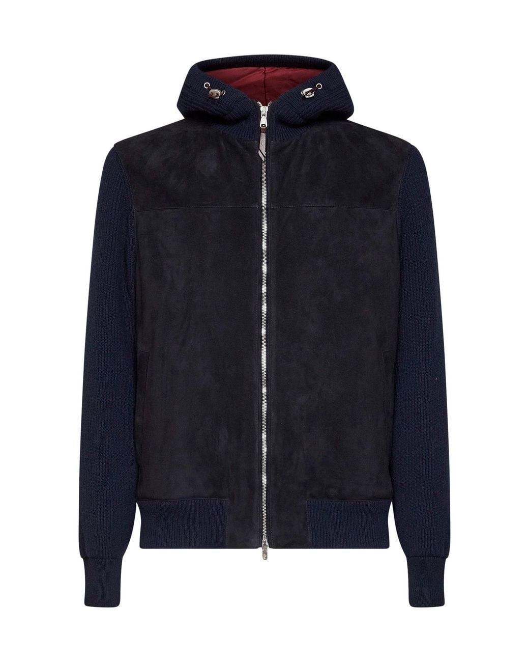 Brunello Cucinelli Blue Hooded Jacket Suede And Knit for men