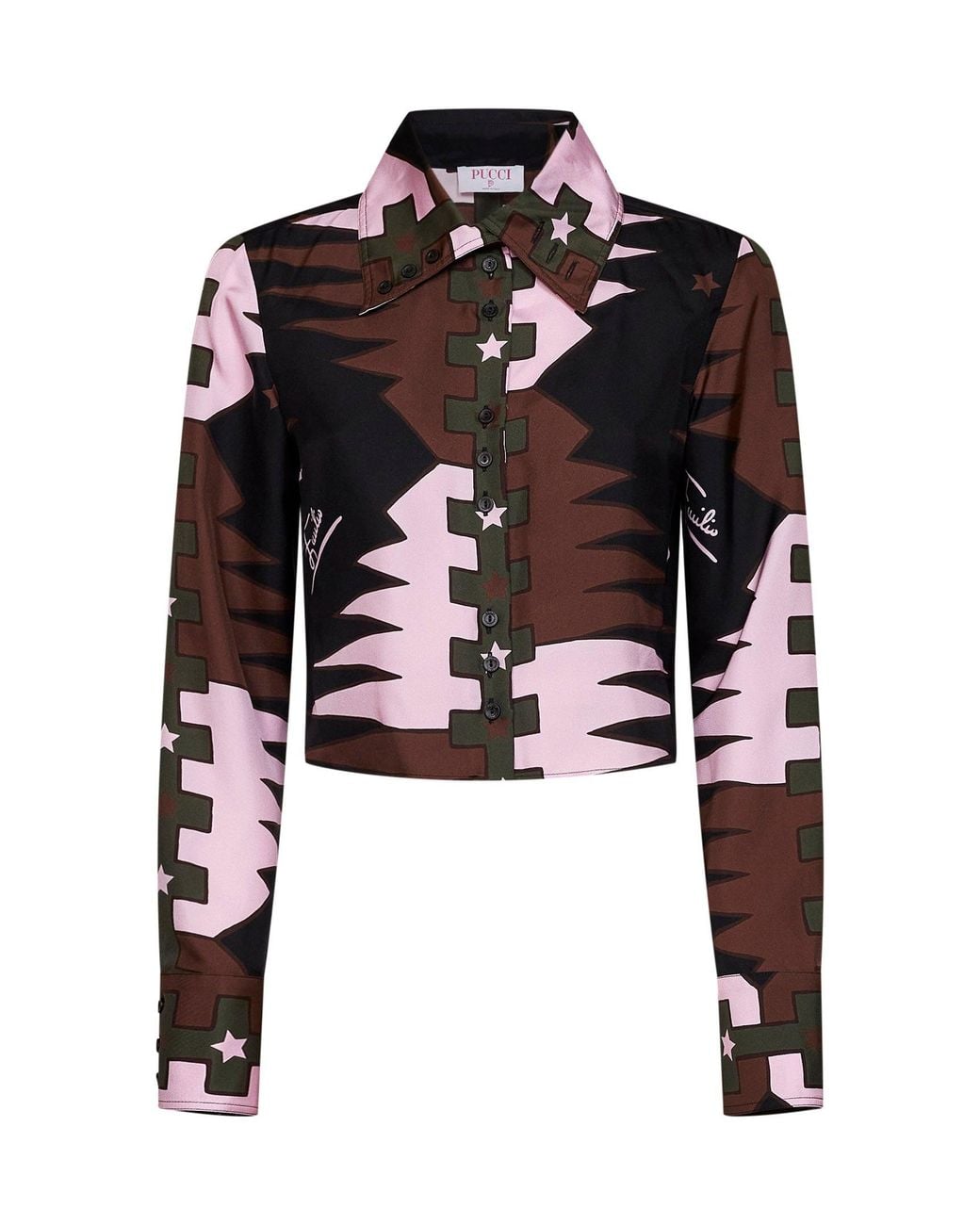 Emilio Pucci Black Khaki And Valdimontone-Print Silk Twill Cropped Shirt