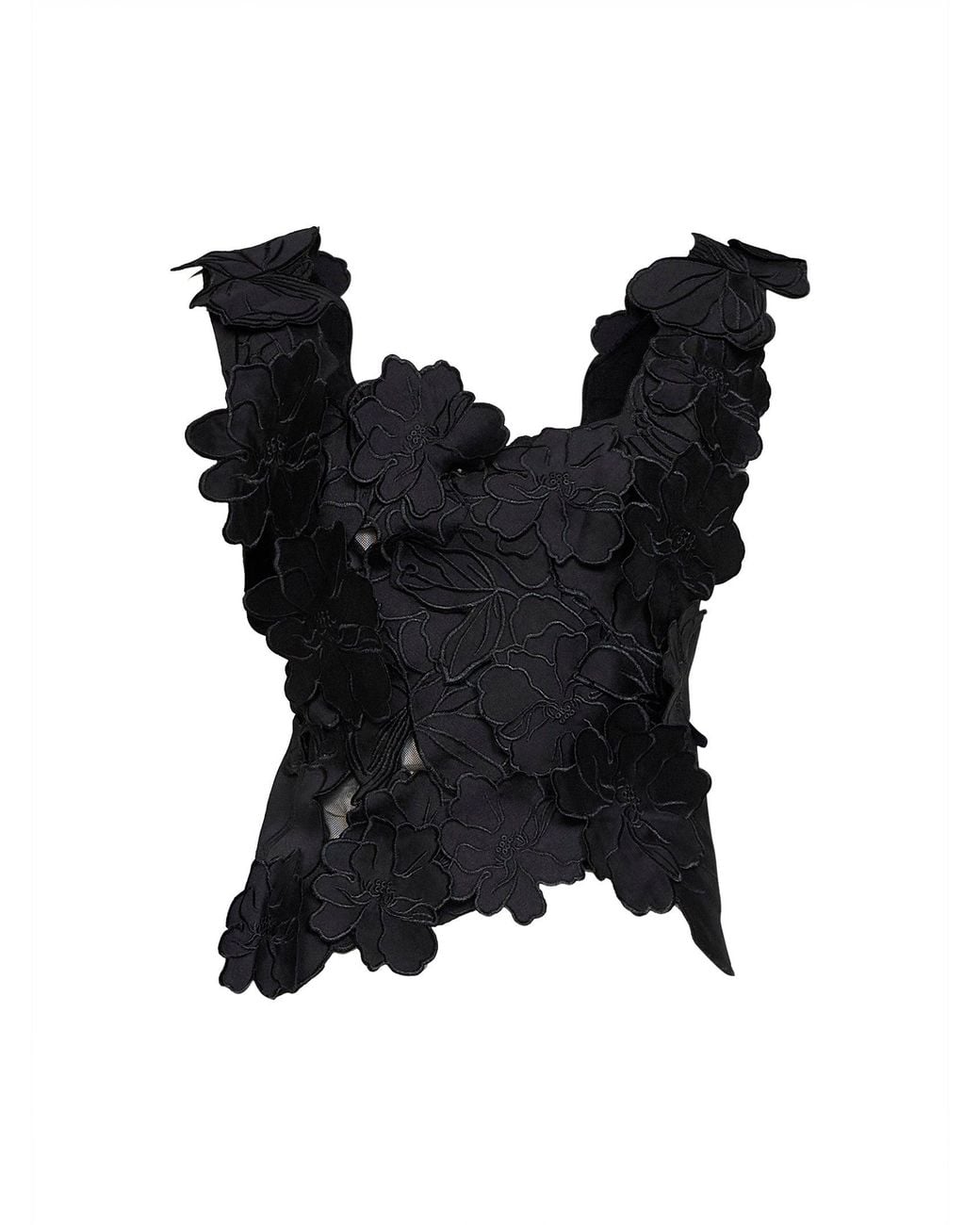 Costarellos Black Floral-Cut Embroidery Satin Liess Top