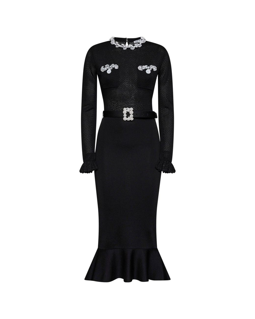 Self-Portrait Black Knit Midi Dress With Beaded Embroidery