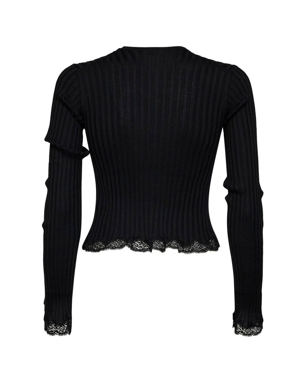 Saint Laurent Black Ribbed Knit Cassandre Top With Lace Trims