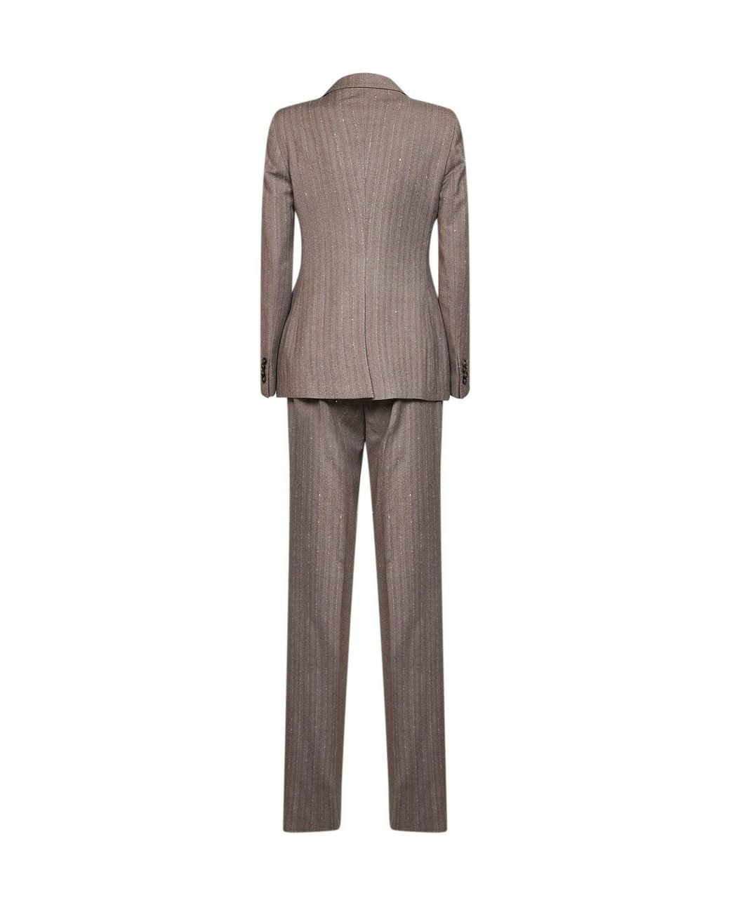 Tagliatore Gray Taupe Herringbone Wool Parigi Double-Breasted Suit With Lamé Pinstriped Pattern.<Br