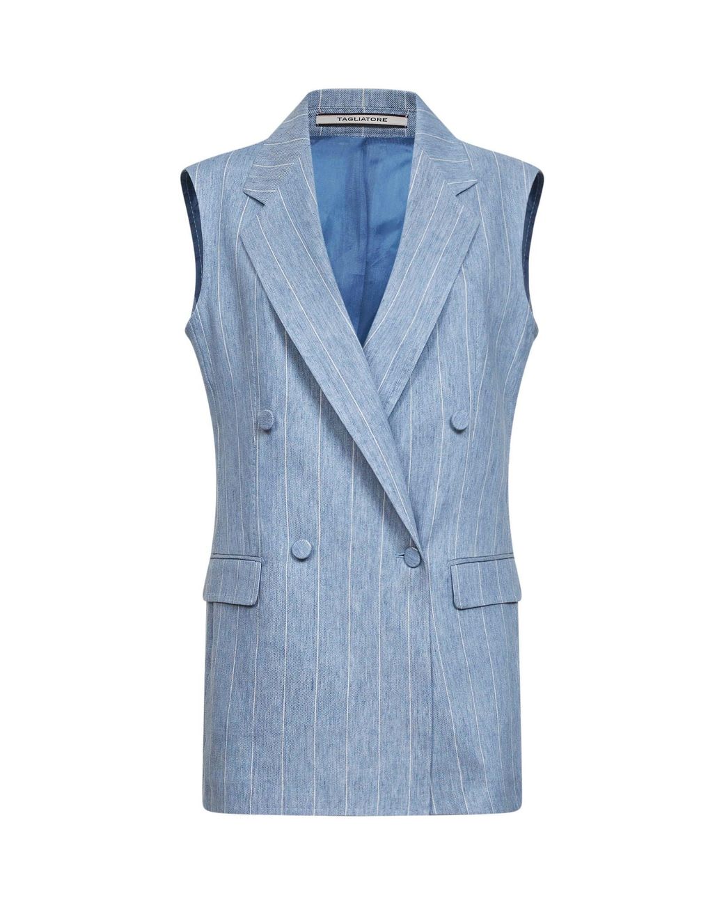 Tagliatore Blue Light Pinstriped Linen Blend Sleeveless Blazer