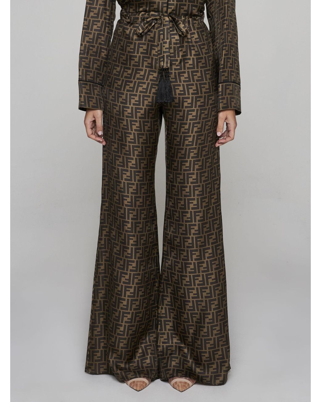 Fendi Ff Print Silk Trousers in Brown | Lyst