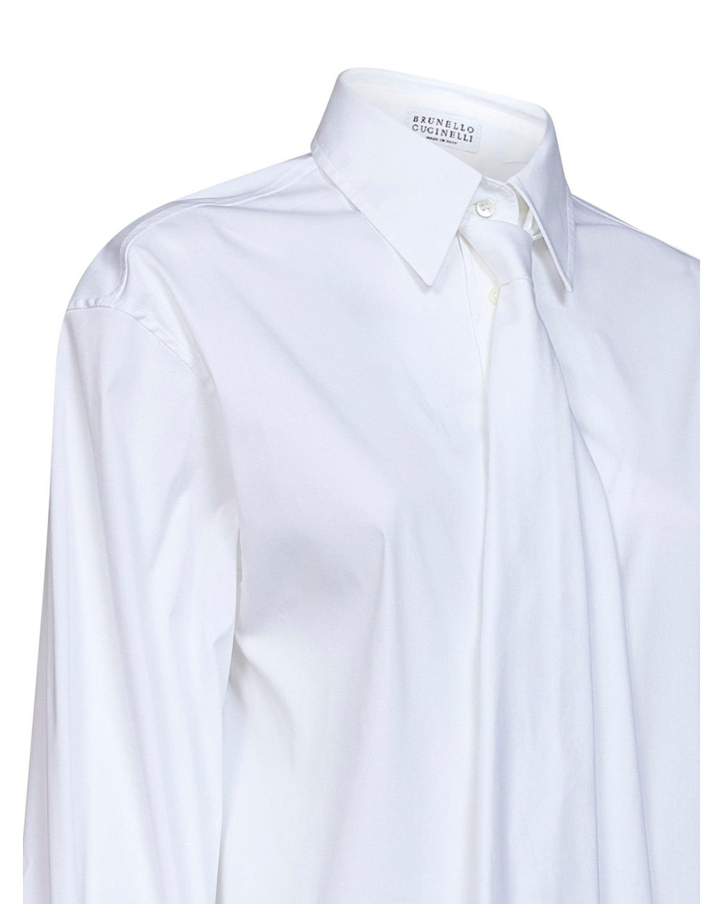 Brunello Cucinelli White Stretch Poplin Shirt With Tie And Monili