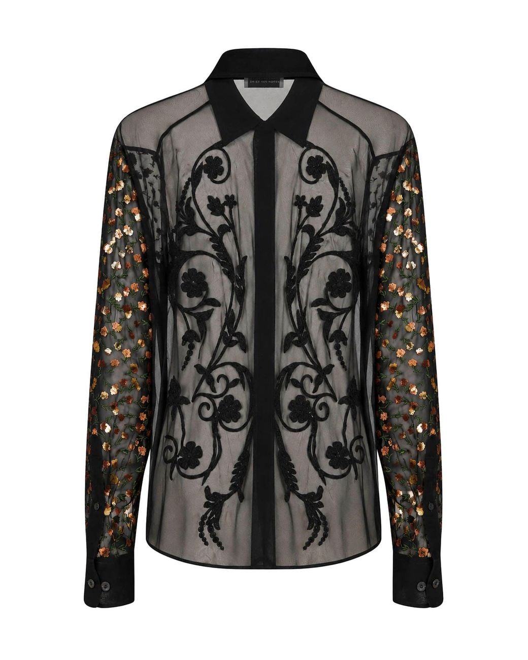 Dries Van Noten Black Chiffon Chowy Embroidered Shirt