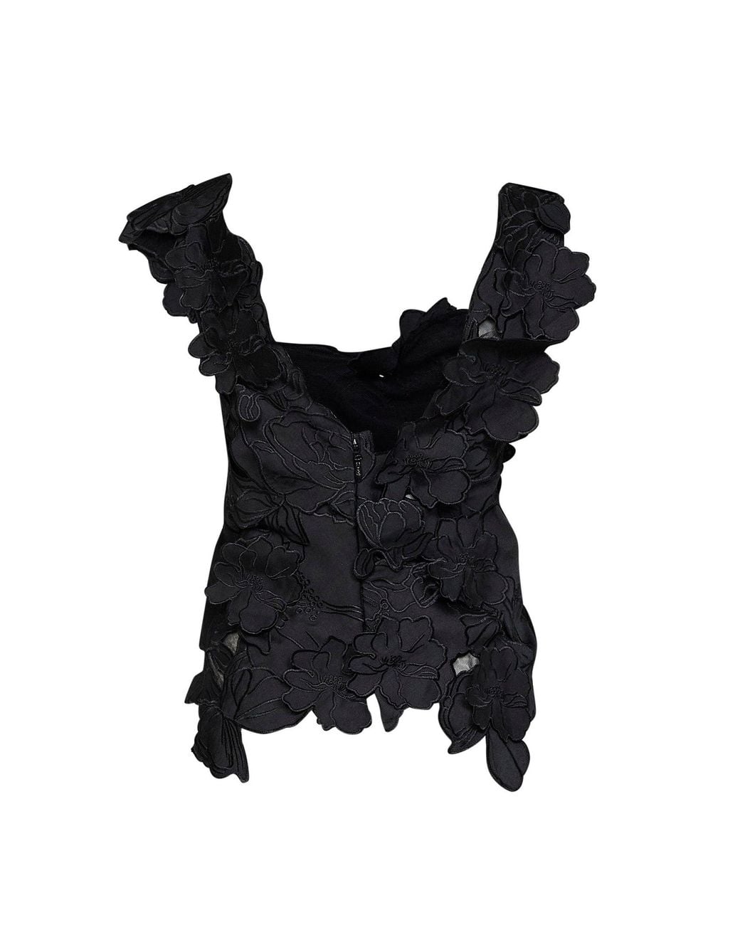 Costarellos Black Floral-Cut Embroidery Satin Liess Top