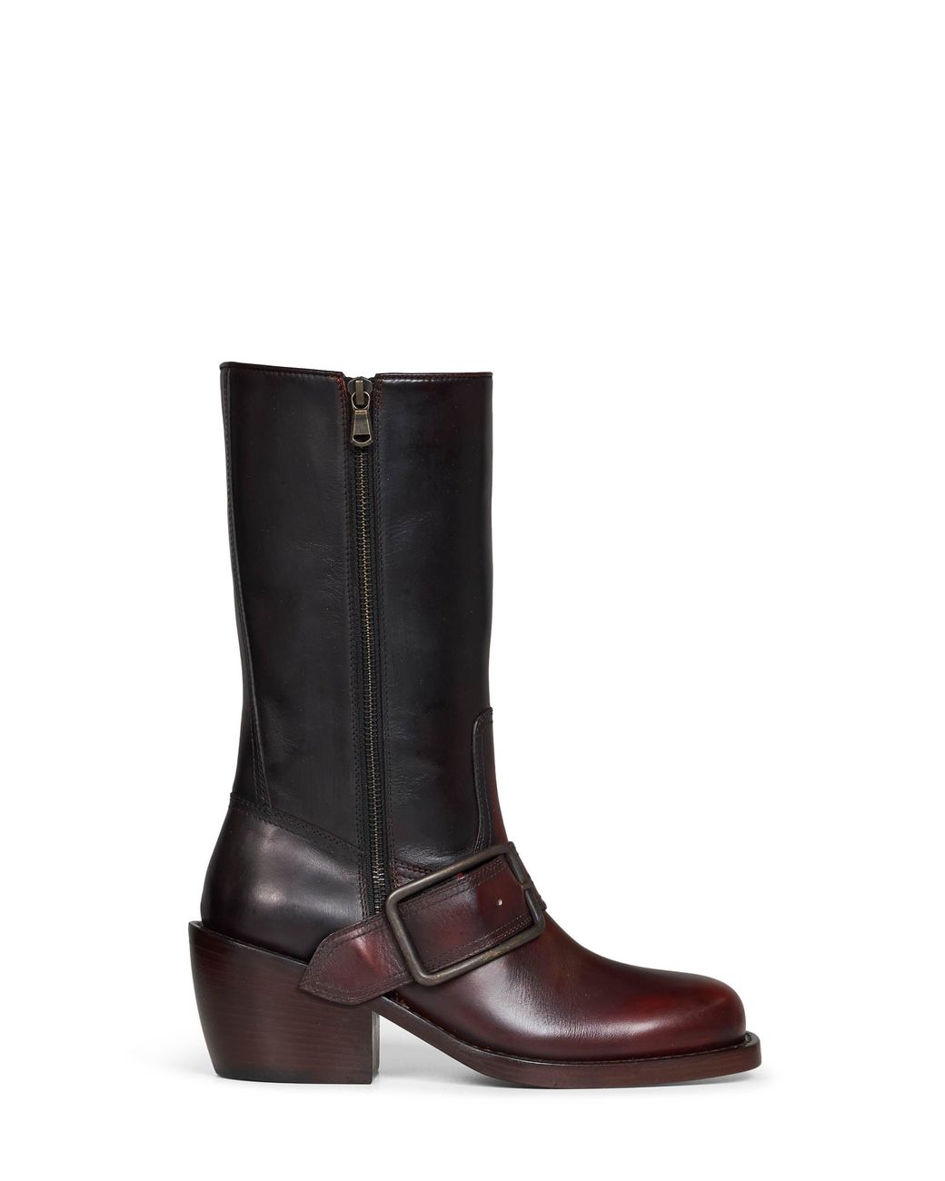 Dries Van Noten Black Tan Brushed Leather Buckled Mid-Calf Boots