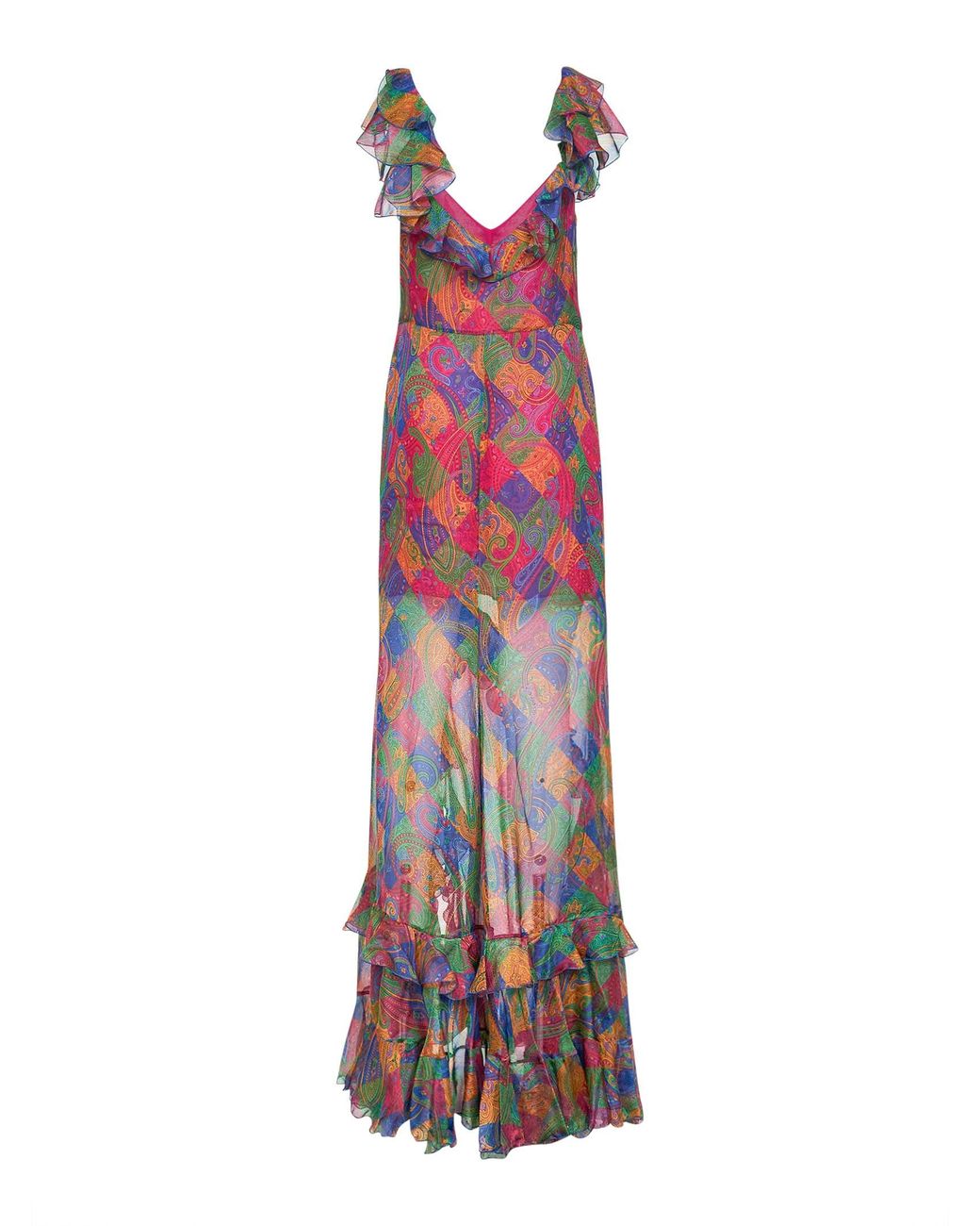 Etro Red Geometric Paisley-Pattern Silk Chiffon Maxi Dress