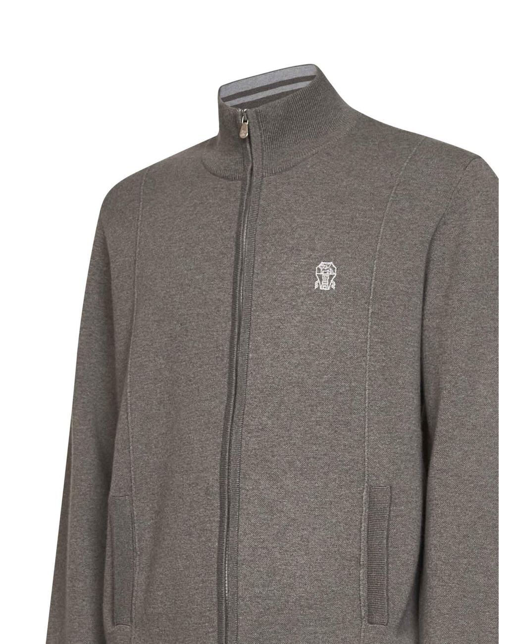Brunello Cucinelli Gray Military Cashmere Knit Zip-Up Cardigan With Logo for men