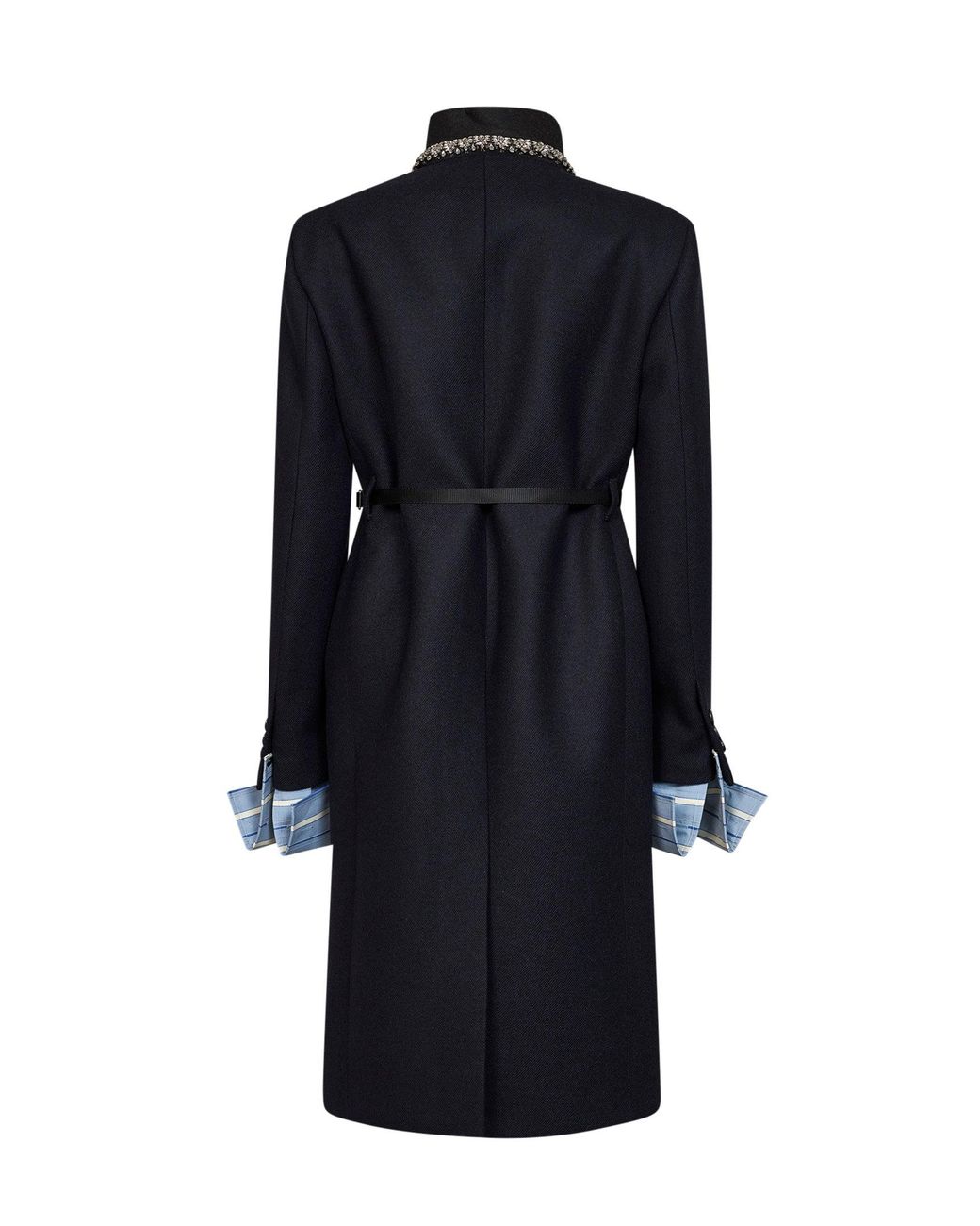 Prada Abbigliamento Blue Virgin Wool Embroidered Belted Coat